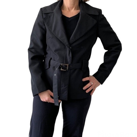 BENETTON Black Jacket Blazer Belted Snap Closure Lined Oversized Collar Size 44 - Picture 13 of 15